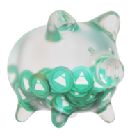 Fei USD FEI Glass piggy bank with decreasing piles of crypto coins.Saving inflation, financial crisis and loosing money concept 3d illustration png