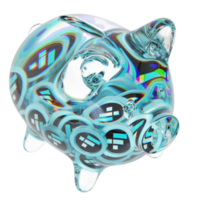 FTX Token FTT Glass piggy bank with decreasing piles of crypto coins.Saving inflation, financial crisis and loosing money concept 3d illustration png