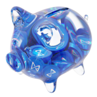 Axie Infinity AXS Glass piggy bank with decreasing piles of crypto coins.Saving inflation, financial crisis and loosing money concept 3d illustration png