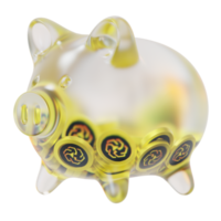 UNUS SED LEO LEO Glass piggy bank with decreasing piles of crypto coins.Saving inflation, financial crisis and loosing money concept 3d illustration png