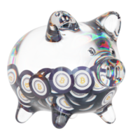 Wrapped Bitcoin WBTC Glass piggy bank with decreasing piles of crypto coins.Saving inflation, financial crisis and loosing money concept 3d illustration png