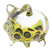 unused sed leo leo glas sparschwein mit abnehmenden stapeln von kryptomünzen. sparung von inflation, finanzkrise und geldverlust konzept 3d illustration png