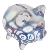 Huobi Token HT Glass piggy bank with decreasing piles of crypto coins.Saving inflation, financial crisis and loosing money concept 3d illustration png