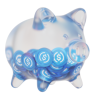 USD Coin USDC Glass piggy bank with decreasing piles of crypto coins.Saving inflation, financial crisis and loosing money concept 3d illustration png