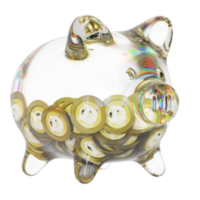 Dogecoin DOGE Glass piggy bank with decreasing piles of crypto coins.Saving inflation, financial crisis and loosing money concept 3d illustration png