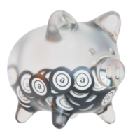 Arweave AR Glass piggy bank with decreasing piles of crypto coins.Saving inflation, financial crisis and loosing money concept 3d illustration png