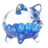 Axie Infinity AXS Glass piggy bank with decreasing piles of crypto coins.Saving inflation, financial crisis and loosing money concept 3d illustration png