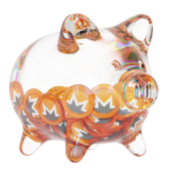 Monero XMR Glass piggy bank with decreasing piles of crypto coins.Saving inflation, financial crisis and loosing money concept 3d illustration png