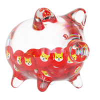 Shiba Inu SHIB Glass piggy bank with decreasing piles of crypto coins.Saving inflation, financial crisis and loosing money concept 3d illustration png