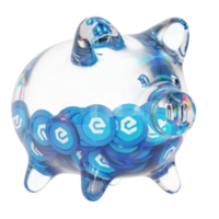 eCash XEC Glass piggy bank with decreasing piles of crypto coins.Saving inflation, financial crisis and loosing money concept 3d illustration png