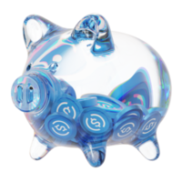 usd-münze usdc-glas-sparschwein mit abnehmenden stapeln von kryptomünzen. einsparung von inflation, finanzkrise und verlust von geldkonzept 3d-illustration png