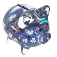 Cronos CRO Glass piggy bank with decreasing piles of crypto coins.Saving inflation, financial crisis and loosing money concept 3d illustration png