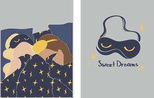 Beautiful poster with girls on a soft background. A friendly night at a friend's. Girls wearing sleep masks in a minimalist style. Vector concept. Vector art.