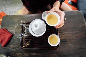 Top view tea set a wooden table for tea ceremony background. photo