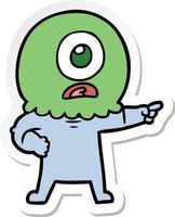 sticker of a cartoon cyclops alien spaceman pointing vector