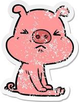 distressed sticker of a cartoon angry pig sat waiting vector