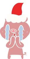 crying pig flat color illustration of a wearing santa hat vector