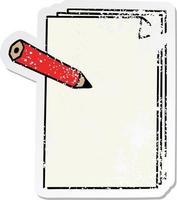 distressed sticker of a quirky hand drawn cartoon paper and pencil vector