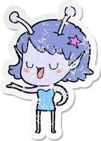 distressed sticker of a happy alien girl cartoon laughing vector