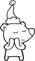 happy line drawing of a polar bear wearing santa hat vector