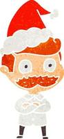 retro cartoon of a man with mustache shocked wearing santa hat vector