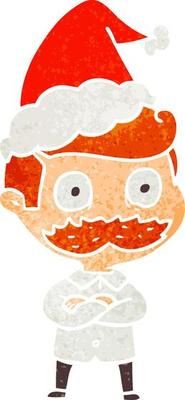 retro cartoon of a man with mustache shocked wearing santa hat