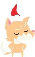 friendly flat color illustration of a fox wearing santa hat vector