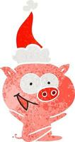 cheerful sitting pig retro cartoon of a wearing santa hat vector