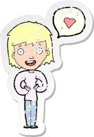 retro distressed sticker of a cartoon happy woman in love vector