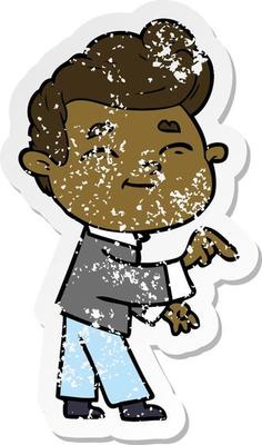 distressed sticker of a happy cartoon man pointing
