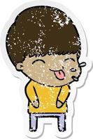 distressed sticker of a cartoon boy sticking out tongue vector