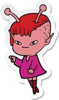 sticker of a cute cartoon alien girl vector