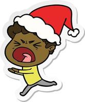 sticker cartoon of a furious man wearing santa hat vector