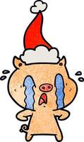 crying pig textured cartoon of a wearing santa hat vector