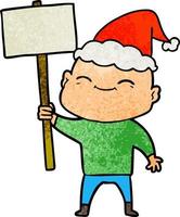 happy textured cartoon of a bald man wearing santa hat vector