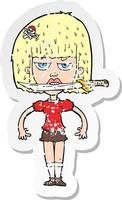 pegatina retro angustiada de una mujer de dibujos animados con un cuchillo entre los dientes vector