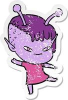 distressed sticker of a cute cartoon alien girl vector