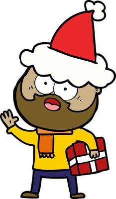 line drawing of a bearded man with present wearing santa hat