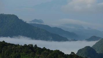 Luftaufnahme des Nebelmeeres auf tropischen Bergen am frühen Morgen. Schichten von Bergen in Thailand. Landschaft des Naturhintergrundes in Bewegung. video