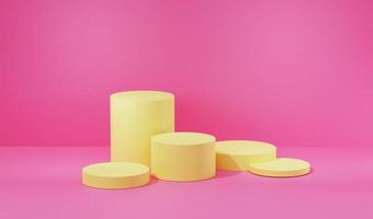 Yellow product background stand or podium pedestal on 5 empty display with pink pastel backdrops. -3D rendering photo