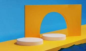 Yellow summer stage and white podium with blue sky backdrops. Perfect for showing product and presentation. Beautiful light and shadow effect. -3D Rendering photo