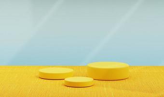 Empty yellow podium with fabric texture in blue studio. Beautiful lights and shadows perfect for summer theme background, blank display for showing product. - 3D Renderring photo