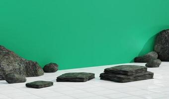 Empty green studio with rock background, white tile in beautiful lights and shadows. perfect for summer theme background, blank display for showing product. - 3D Renderring photo