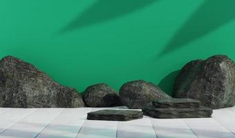 Empty green studio with rock background, white tile in beautiful lights and shadows. perfect for summer theme background, blank display for showing product. - 3D Renderring photo