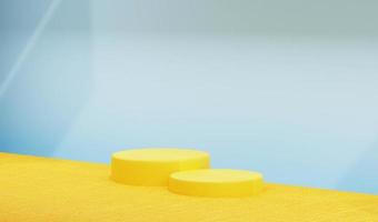 Empty yellow podium with fabric texture in blue studio. Beautiful lights and shadows perfect for summer theme background, blank display for showing product. - 3D Renderring photo