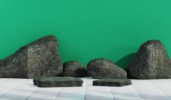 Empty green studio with rock background, white tile in beautiful lights and shadows. perfect for summer theme background, blank display for showing product. - 3D Renderring photo