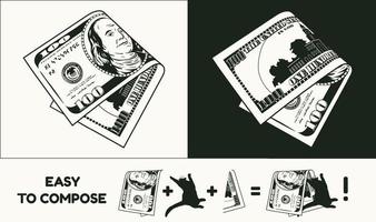Folded in half american 100 dollar banknote with front and reverse side. Falling banknote. Cash money. Divided into two parts to design easy. Detailed black and white monochrome vector illustration