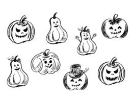 conjunto de calabazas divertidas y lindas para las vacaciones de halloween. calabazas con sonrisa para el diseño. vectorial, ilustración. vector