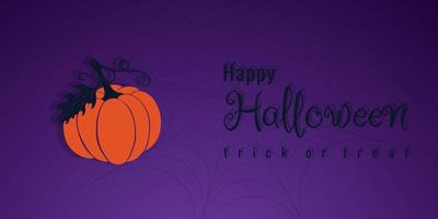 feliz halloween púrpura oscuro banner con web, calabaza naranja dibujada a mano. vector