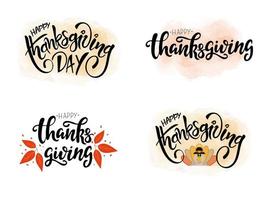Set of Hand drawn Happy Thanksgiving typography . Celebration text with leaves for postcard, icon or badge. Vector calligraphy lettering holiday quote
